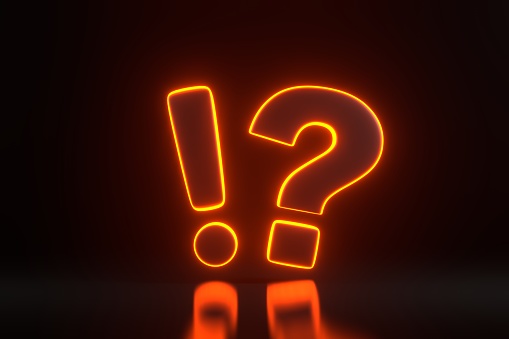 Exclamation and Question Mark with bright glowing futuristic orange neon lights on black background. Frequently Asked Questions concept. Ask Questions and receive Answers. 3D render illustration