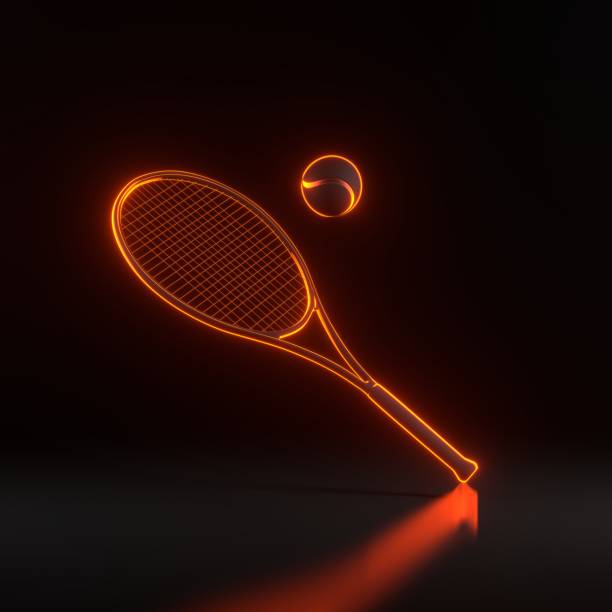 tennis racket and tennis ball with bright glowing futuristic orange neon lights on black background - tennis ball court tennis tennis racket foto e immagini stock