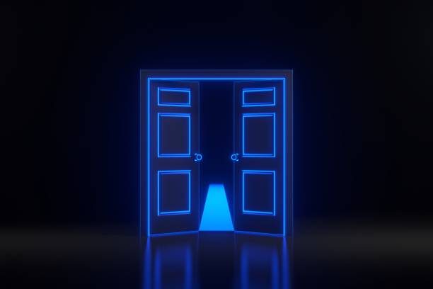 istock Light going through the opening door with bright glowing futuristic blue neon lights on black background 1937750049