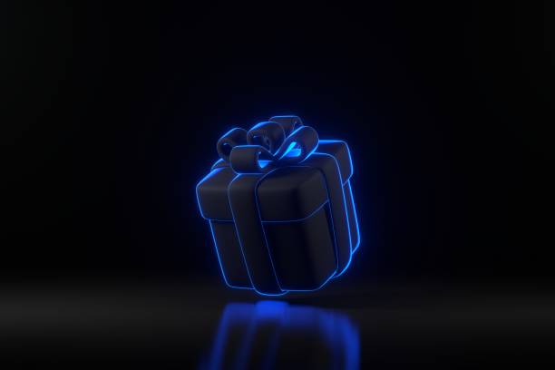 istock Gift box fly with bright glowing futuristic blue neon lights on black background 1937750602