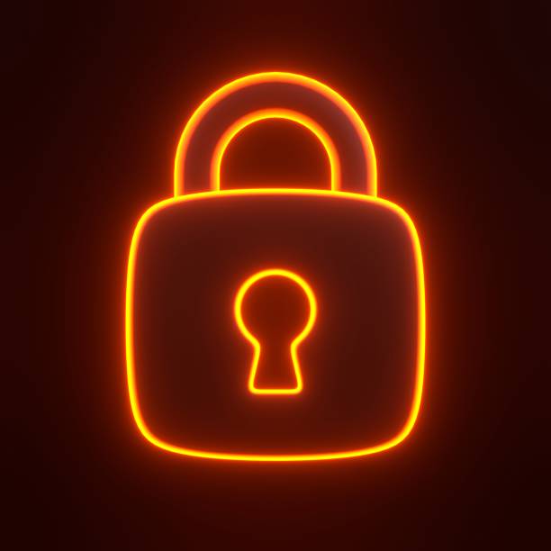 istock Locked padlock with bright glowing futuristic orange neon lights on black background 1937752247