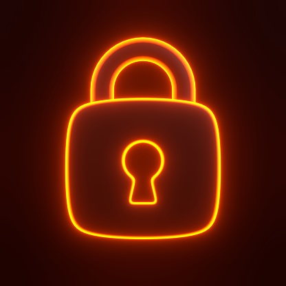 Locked padlock with bright glowing futuristic orange neon lights on black background. 3D icon, sign and symbol. Front view. 3D render illustration