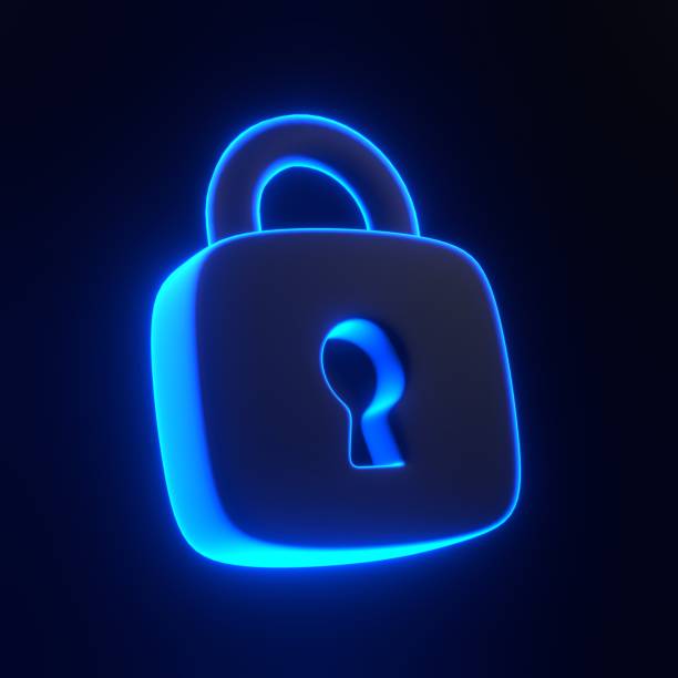 istock Locked padlock with bright glowing futuristic blue neon lights on black background 1937752262