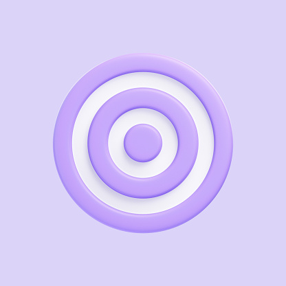 Purple target icon isolated on purple background. 3D icon, sign and symbol. Cartoon minimal style. Front view. 3D Render Illustration