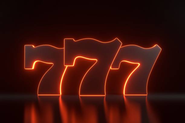 istock Three lucky sevens with neon orange lights on black background 1937754658