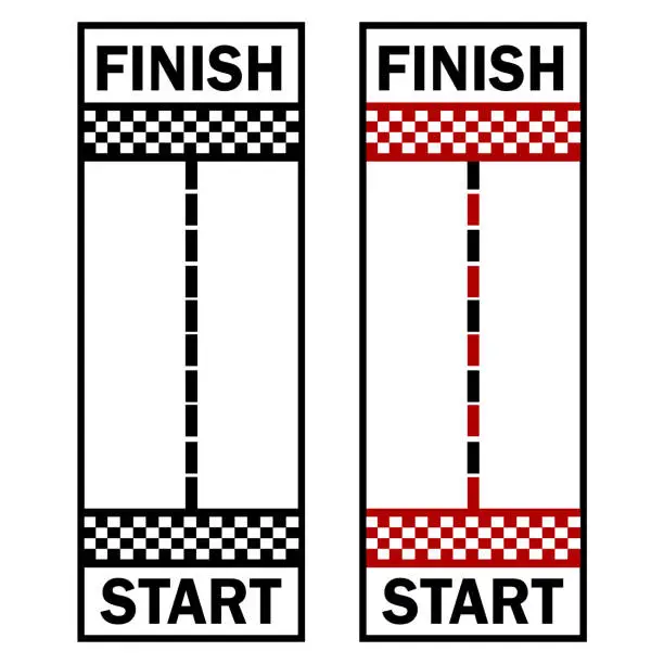 Vector illustration of Top view of race car track with start and finish line. Vector cartoon illustration of straight road for auto rally competition with white grid pattern marking on asphalt