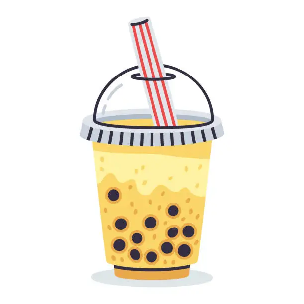 Vector illustration of Bubble milk tea. Hand drawn taiwan milk tea cup, tapioca pearls boba tea, delicious soft drink cup vector illustration on white background