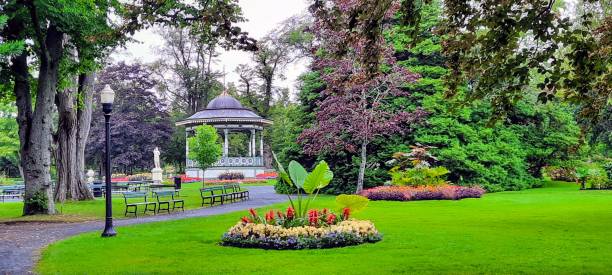 Wide shot of a colourful summer day with view of treelined gravel foot path, landscaping with flowers and gazebo