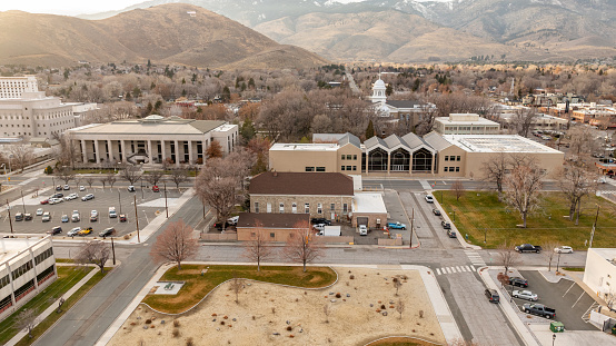 Aerial photo of the Nevada State capitol building, Nevada State Supreme Court  and Nevada State Library Archives and Public Records in Carson City, Nevada.