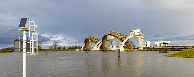 Dam and lock station Amerongen in river Lower Rhine near  Maurik in Utrecht province The Netherlands