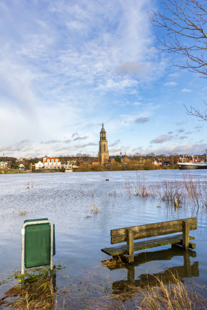 High water level in river Lower Rhine along city of Rhenen in Utrecht province in The Netherlands