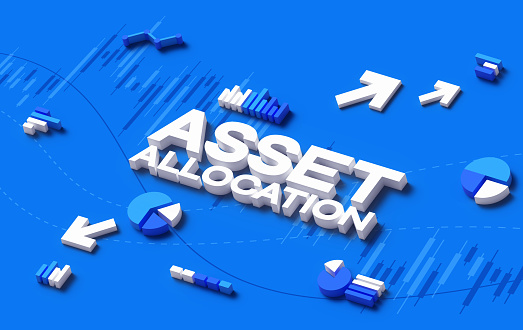 Asset allocation trading stock market data chart graph financial analysis and statistics abstract 3D background.