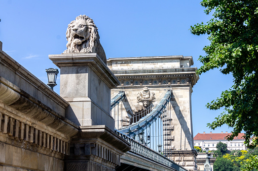 The famous chain bridge over the Danube River in Budapest, Hungary