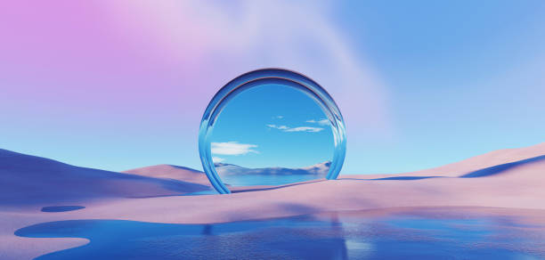istock 3d Render, Abstract Surreal pastel landscape background with architecture and geometric, beautiful gradient sky scene, lake with clam water, minimal concept. 1937823015