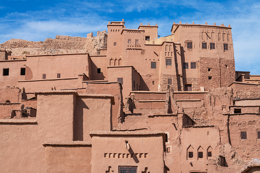 The fortified town of Ait ben Haddou near Ouarzazate on the edge of the sahara desert in Morocco. Famous for it use as a set in many films such as Lawernce of Arabia, Gladiator, Jewel of the Nile, Gladiator, Kingdom of Heaven, Kundun and Alexander