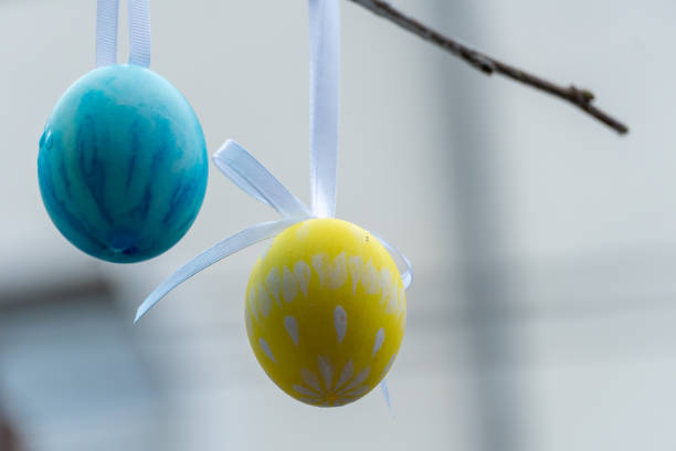 Colorful handmade egges for easter in branches outdoor. Decorating trees with hanging eastereggs in city street. Tradition holiday on christianity religion. Symbol of resurrection to new life.