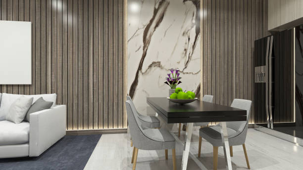 istock Minimalist Dining Table Design with Marble and Wooden Panel Decoration 1937850262
