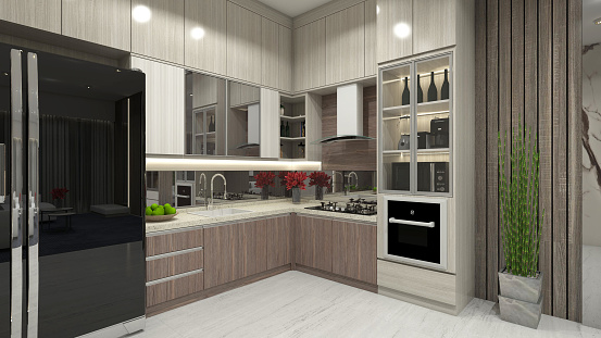 Luxury wooden kitchen cabinet design with showcase display. Include refrigerator, sink, stove and oven electronics.