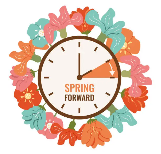 Vector illustration of Hand of Clocks turn to Summertime. Spring Forward reminder. Vector illustration in flat style with bright, rich flowers and leaves isolated on white background. Summer time in March.