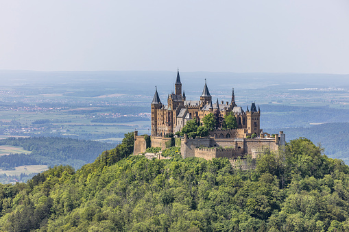 View from the top of Zeller Horn to Hohenzollern Castle in the Swabian Alb, Baden-Wuerttemberg, Germany