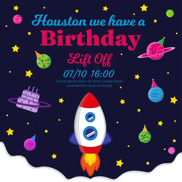 Vector illustration of Cute space birthday invitation for kids, vector flat design, customizable