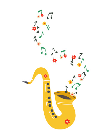 Saxophone Live Music cute hand drawn vector icon. Sax burst out musical notes minimal cartoon design element. Music Festival joyful illustration. Spring, summer live concert flyer, banner background