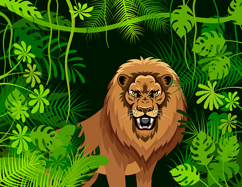 Roaring lion amidst the lush thickets of the jungle. King Lion in the bushes. Mascot Creative Logo Design.