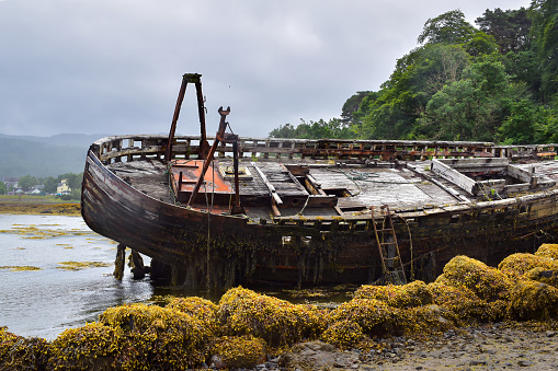 Salen bay ship wreck on the east coast of the isle of Mull, Sound of Mull, Scotland, United Kingdom, travel Europe