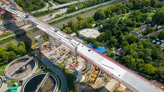 Construction site of a highway bridge. Aerial view