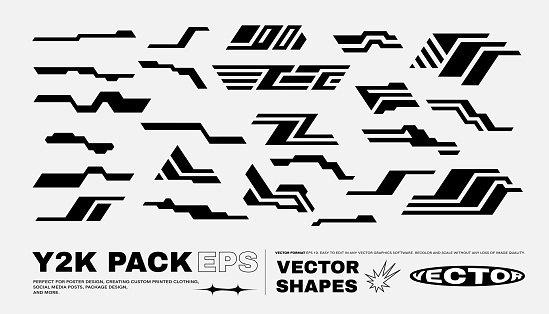 Vector Graphic Assets Set. Bold modern Shapes for Posters Template, flyers, clothes, social media, graphic design, sticker, In Y2k style, Futuristic, Anti-design, Digital Collage, Retro Futurist.