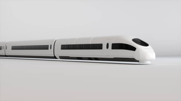 istock White High-Speed Train With Carriages for Passengers on a Gray Studio Background. Transport Concept. Perspective View. Monochrome. 1937922507