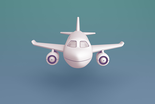 White Purple Toy Plane on a Turquoise Background. Transport or Business Concept. Cartoon Minimal Style. 3D Render Illustration.