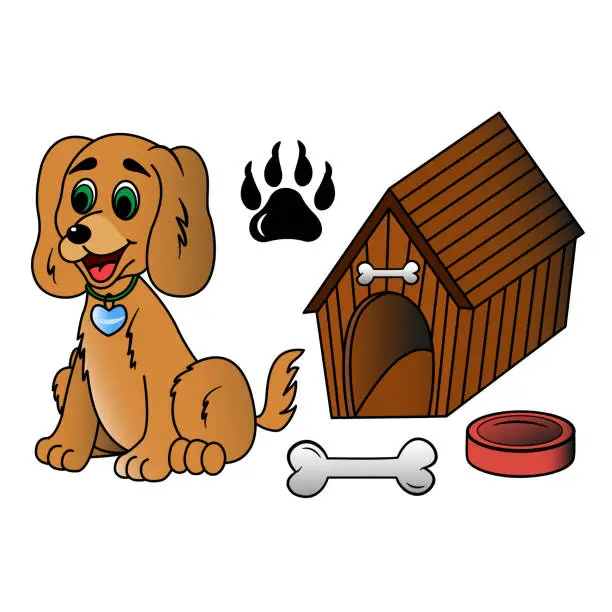 Vector illustration of Cute Puppy and Dog Accessories. Vector Illustration of Dog House, Food Bowl, Bone, and Dog Paw