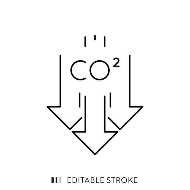 ilustraciones, imágenes clip art, dibujos animados e iconos de stock de diseño de icono de línea de reducción de emisiones de carbono con trazo editable. adecuado para infografías, páginas web, aplicaciones móviles, ui, ux y diseño de gui. - economía baja en carbono