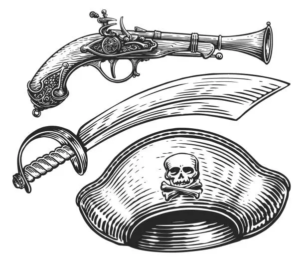 Vector illustration of Set of pirate paraphernalia. Saber, pistol, hat with Jolly Roger. Hand drawn vector illustration