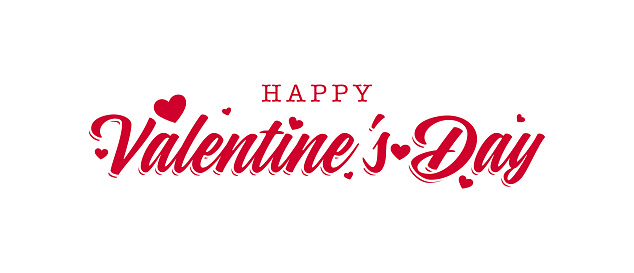 Happy Valentine's Day. Handwritten calligraphic lettering with hearts on white background.