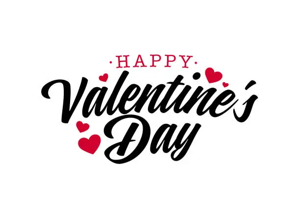 Vector illustration of Happy Valentine's Day. Handwritten calligraphic lettering with hearts on white background.