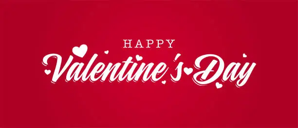 Vector illustration of Happy Valentine's Day. Handwritten calligraphic lettering with hearts on red background.