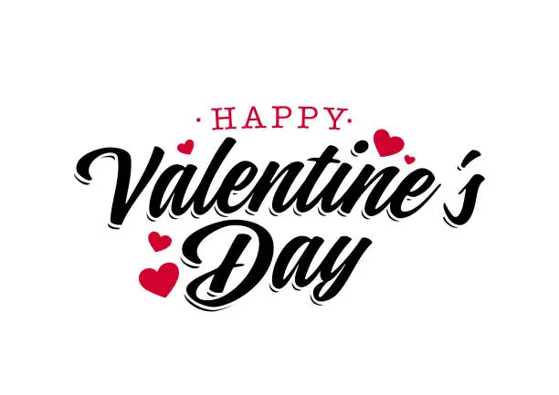 Vector illustration of Happy Valentine's Day. Handwritten calligraphic lettering with hearts on white background.