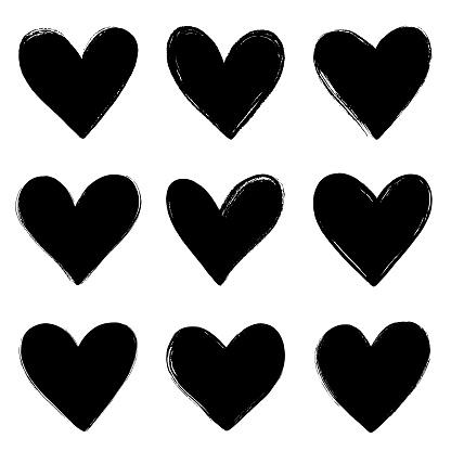 Hand drawn hearts. Brush strokes. Vector design elements isolated on white background.