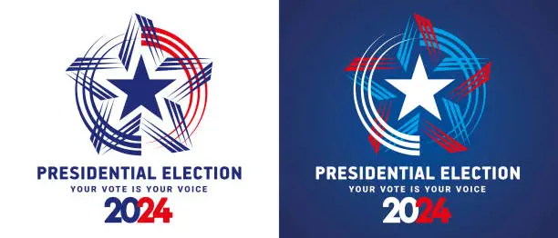 Vector illustration of USA Presidential Election 2024. USA star with american flag colors and symbols. Voting Day 2024 Election in USA, Political election campaign emblem logo on blue and white background