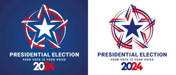 Vector illustration of USA Presidential Election 2024. USA star with blue white red american flag colors and symbols logo. Voting Day 2024 Election in USA, Political election campaign emblem on blue and white background