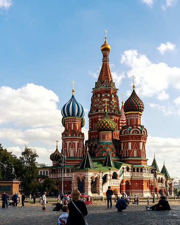 14.09.2023, Moscow, Russia, Red Square, Moscow Kremlin. An Orthodox church, a monument of Russian architecture. View of St. Basil's Cathedral. People are relaxing and sightseeing.