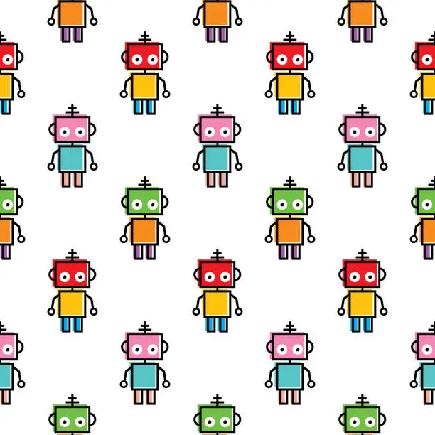 Vector illustration of Colorful Little Robots Seamless Pattern