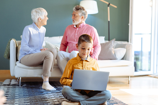 Grandparents are on the sofa, they are talkin and taking care of their grandson. Little boy is  using a laptop and smiling