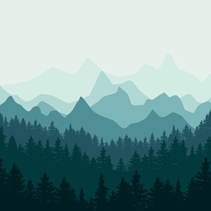 Abstract flat design with mountains silhouettes and big fores