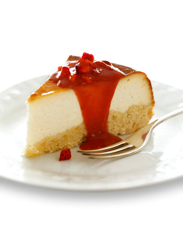 Delicious slice of strawberry cheesecake on white background