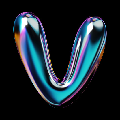 Glossy 3D letter V with holographic finish. Y2K balloon bubble font in iridescent liquid metal. Isolated vector render for contemporary retro-futuristic design