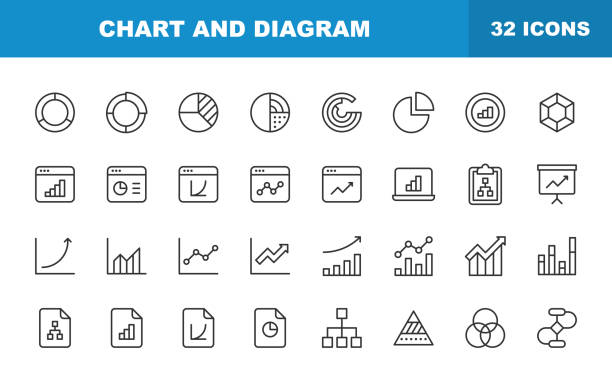 ilustrações, clipart, desenhos animados e ícones de ícones de linha de gráfico e diagrama. traçado editável. contém ícones como big data, dashboard, bar graph, bolsa de valores, infográfico. - analyzing data bar graph graph