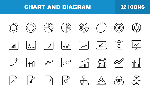Chart and Diagram Line Icons. Editable Stroke. Contains such icons as Big Data, Dashboard, Bar Graph, Stock Market Exchange, Infographic.